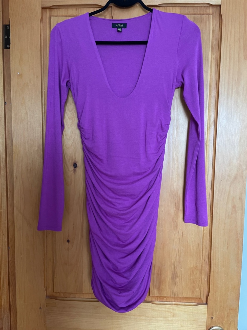 S-M.   AFRM   Long-Sleeve Ruched Scoop-Neck Mini Dress in Magenta   REVOLVE NWOT